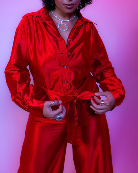 70s shimmery red satin disco jumpsuit (M)