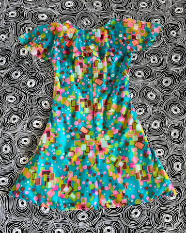 70s psychedelic fluttery cape sleeved mini dress (S)