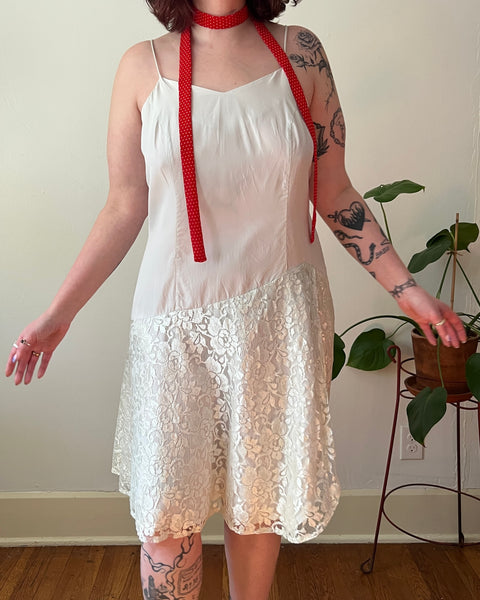 80s pale seafoam asymmetrical lace slip dress (L/XL)