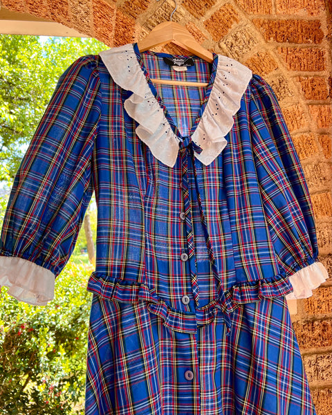 70s plaid ruffle basque waist midi dress (S/M)