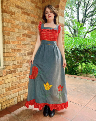 70s jerell of texas chambray butterfly patch maxi dress (XS/S)
