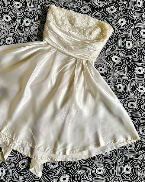 70s ivory satin sequin strapless mini dress (XS)