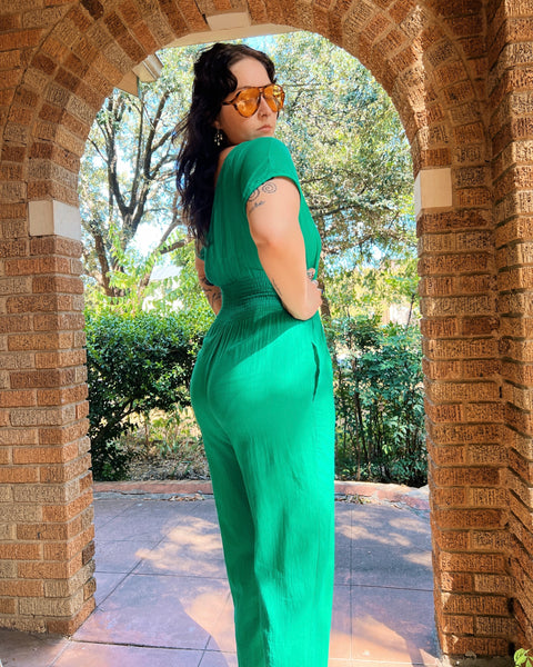 80s green cinched waist studded jumpsuit