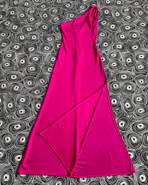 70s ‘funky’ one shoulder hot pink disco dress (XS-M)