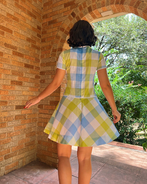 60s blue + chartreuse check mini dress (S)