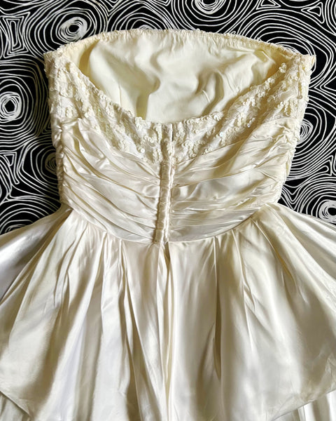 70s ivory satin sequin strapless mini dress (XS)