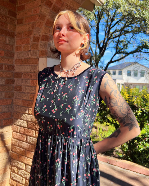 40s/50s silky black floral rayon dress (S/M)