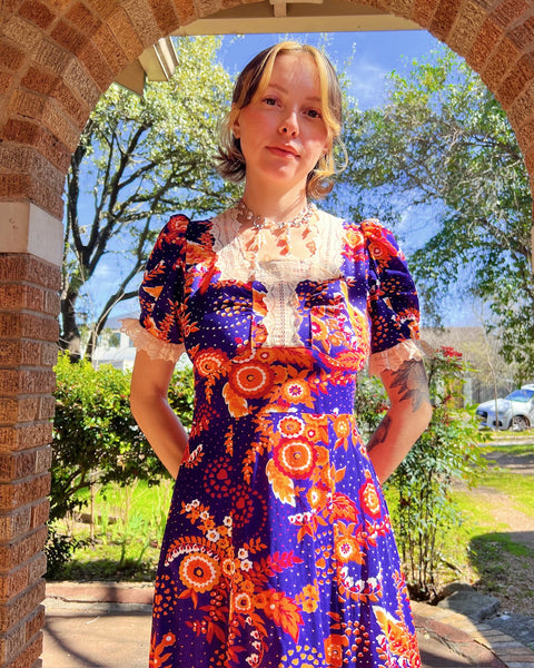 60s psychedelic hearts + flowers print maxi dress (S)
