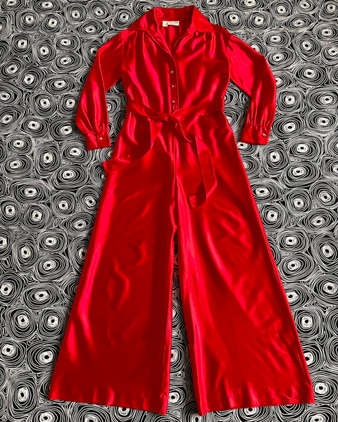 70s shimmery red satin disco jumpsuit (M)