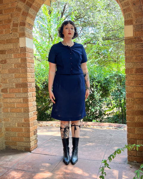 50s semi sheer navy skirt suit (M/L)