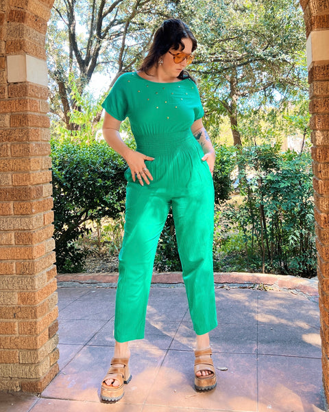 80s green cinched waist studded jumpsuit