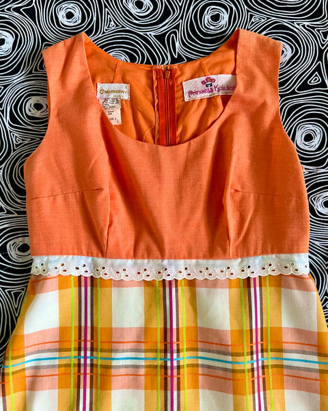 70s orange plaid patch pocket dress (S)