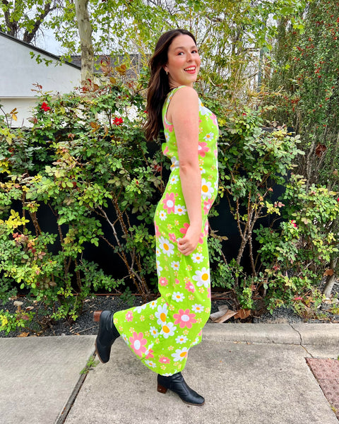 60s pink + green daisy print cotton jumpsuit (S/M)
