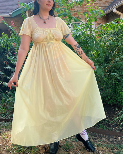 70s butter yellow flutter sleeve nylon maxi dress