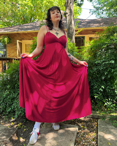 70s burgundy accordion pleat maxi dress