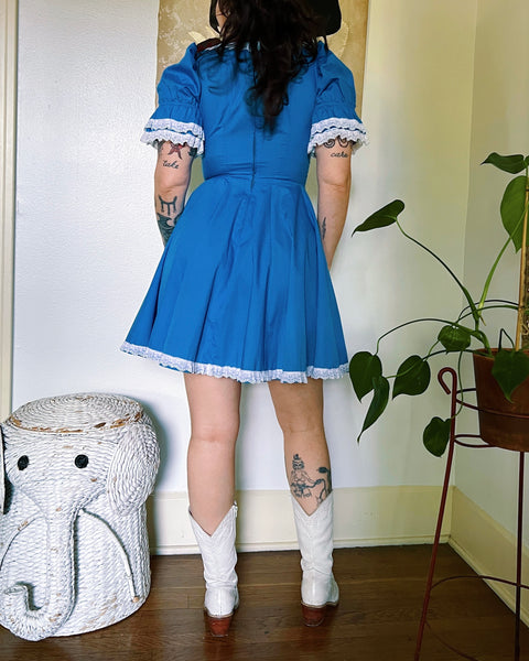 70s blue ruffle square dance mini dress