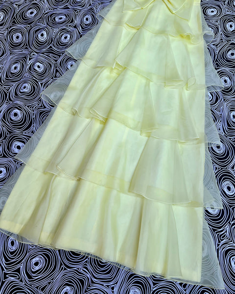 60s butter yellow tiered ruffle maxi dress