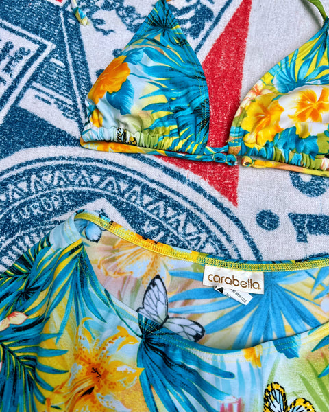 y2k tropical butterfly print bikini top + mini skirt set