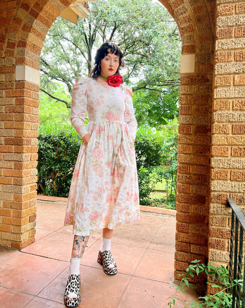 80s laura ashley floral puff sleeve midi dress