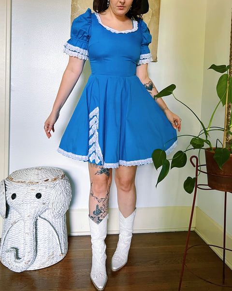 70s blue ruffle square dance mini dress