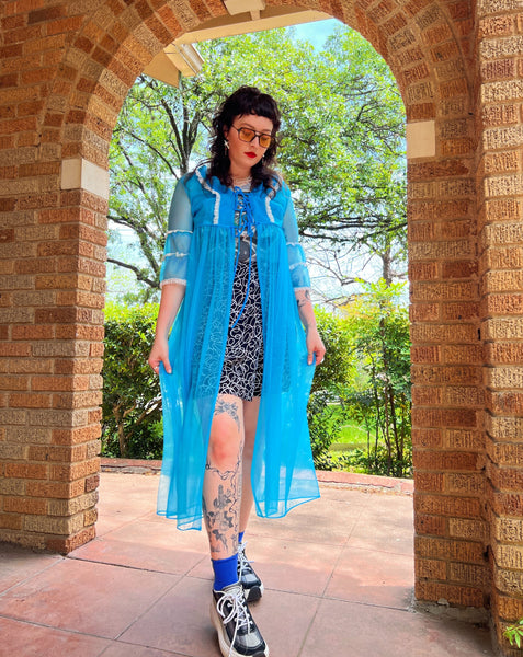 60s neon teal peignoir robe
