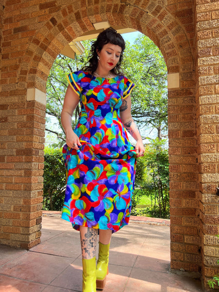 70s day glo barkcloth ruffle sleeve maxi