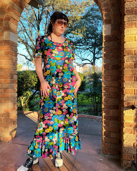 70s black floral barkcloth maxi dress