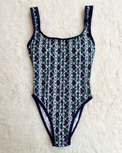90s plaid + flower print high cut jantzen swimsuit