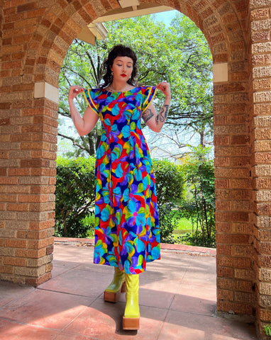 70s day glo barkcloth ruffle sleeve maxi